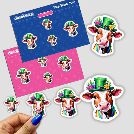 St. Paddy's Moo: Cute Cow in Floral Splash Hat Sticker features various cartoon cow faces wearing floral hats, presented as individual stickers and a sticker pack.