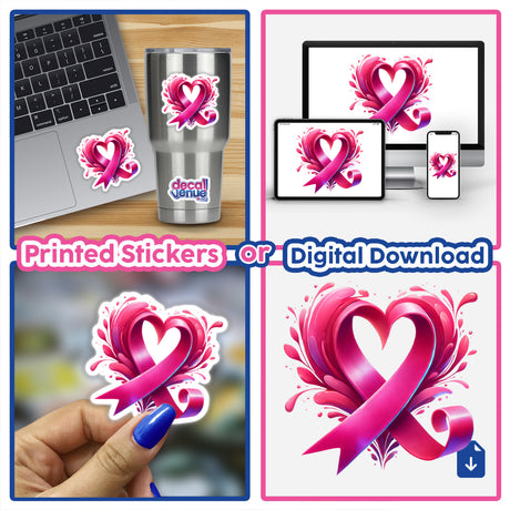 Breast Cancer Heart Shaped Ribbon collage featuring heart shapes, laptops, and pink ribbons, available as stickers or digital artwork.