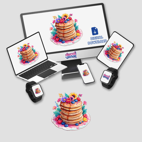 Floral Pancake Stack digital artwork displayed on a laptop and monitor, featuring a stack of pancakes with flowers and syrup. Available as stickers or digital art from Decal Venue.