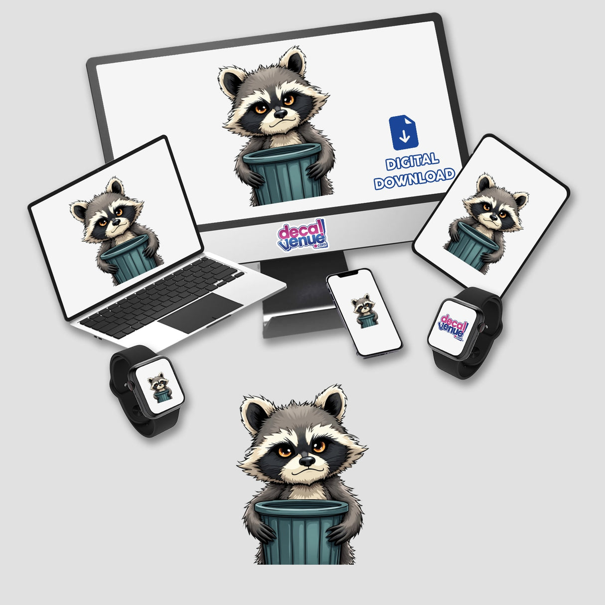 Adorable Cartoon Raccoon Holding Trash Can displayed on a computer screen and laptop, available as stickers or digital artwork.