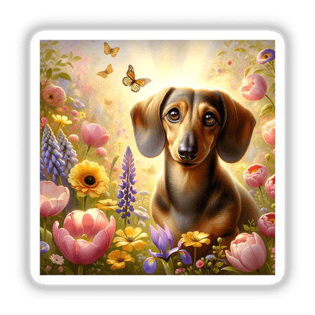 Dachshund in a Sunlit Flower Field Watercolor Illustration, depicting a dog's nose among vibrant blooms. Available as stickers or digital artwork, reflecting Decal Venue's unique style.