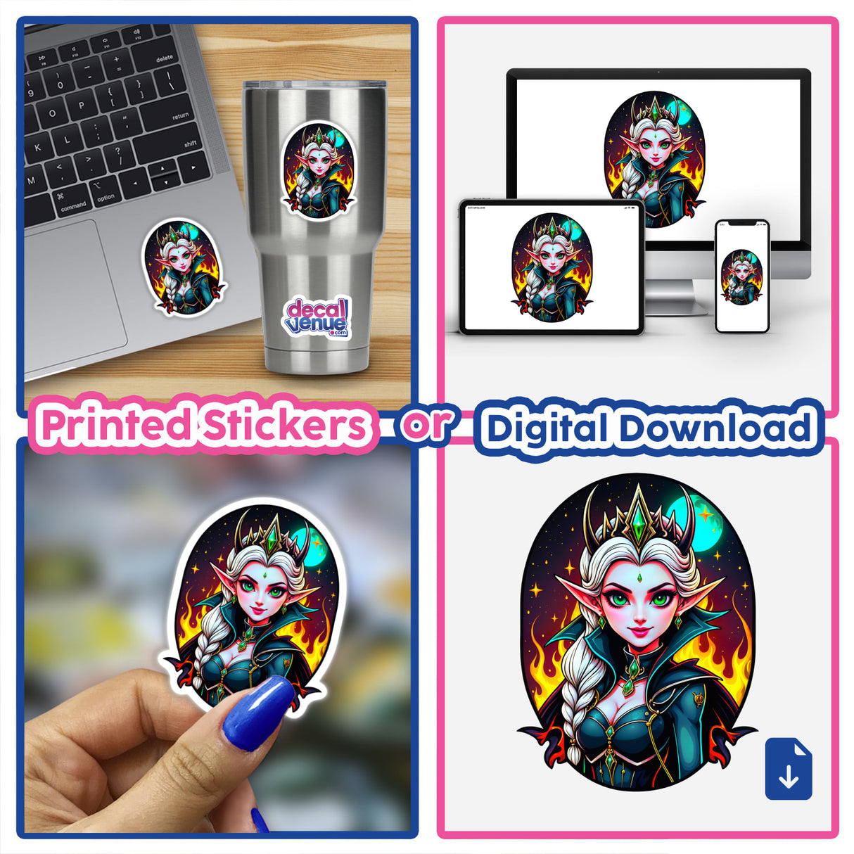 An Evil Queen Anime Girl depicted on a silver cup, laptop, and stickers, featuring a cartoon woman with a crown, offering options as vinyl stickers or digital artwork.