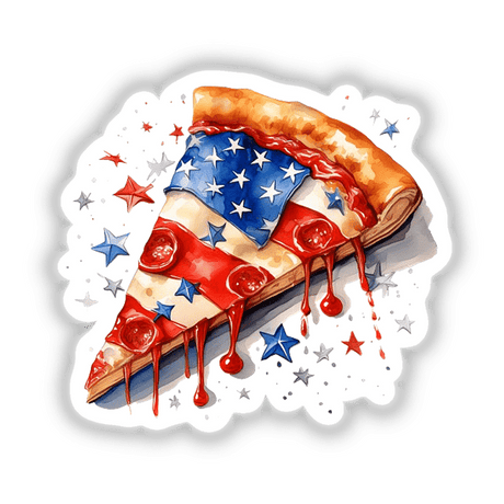 Patriotic pizza slice with American flag design, surrounded by vibrant stars