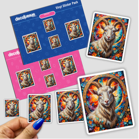 A sticker titled A Cute Goat With Blooming Flowers, featuring a goat surrounded by flowers, available as a vinyl sticker or digital artwork from Decal Venue.