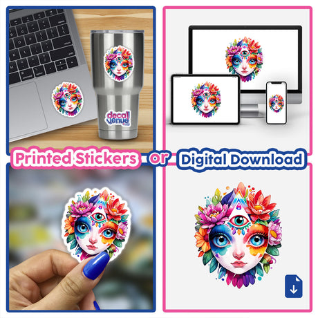 Collage of Enlightened Vision: Rainbow Floral Third Eye stickers on various items including a laptop, cup, and digital artwork featuring a colorful face with flowers and a third eye.