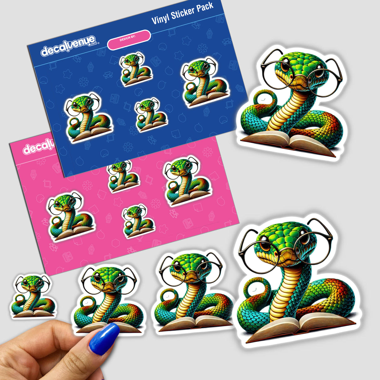 Snake With Reading Glasses Open Book sticker featuring a cartoon snake wearing glasses, engrossed in a book. Ideal for adding charm to reading spaces, available at Decal Venue.