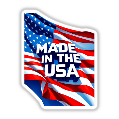 Made In The USA American Flag design featuring bold text and emblematic elements, available as unique stickers or digital artwork from Decal Venue.