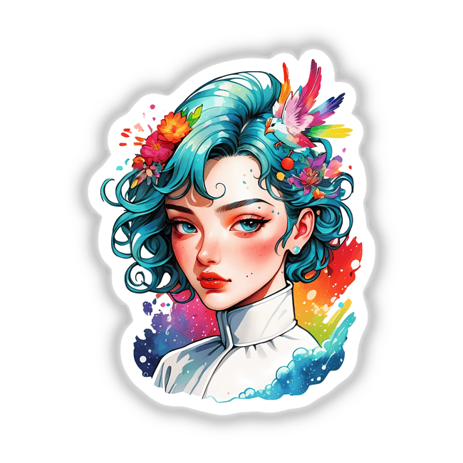 90’s Anime Splash Sticker featuring a pop art portrait of a cartoon woman with flowers in her hair, emphasizing bold colors and artistic flair, available as stickers or digital artwork.