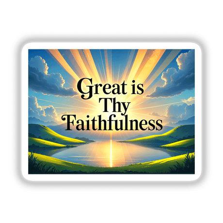 Great Is Thy Faithfulness Christian Quote featured on a poster with a sunset over a lake, integrating sun rays and hills, available as stickers or digital artwork.