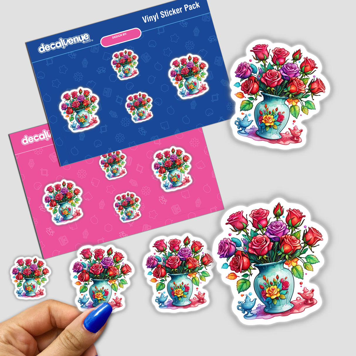 Romantic Red Roses sticker pack featuring various cartoon vases with roses, including a hand holding one sticker close-up. Available as Stickers or Digital Artwork.