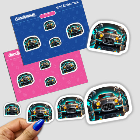 Classic Futuristic Car sticker pack featuring various cartoon car designs, including a silver car with lights and robot-themed elements, aligning with Decal Venue's unique sticker and digital art offerings.