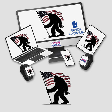 American Flag Sasquatch sticker design featuring a silhouette of a bigfoot holding a flag, available as unique vinyl stickers or digital artwork from Decal Venue.