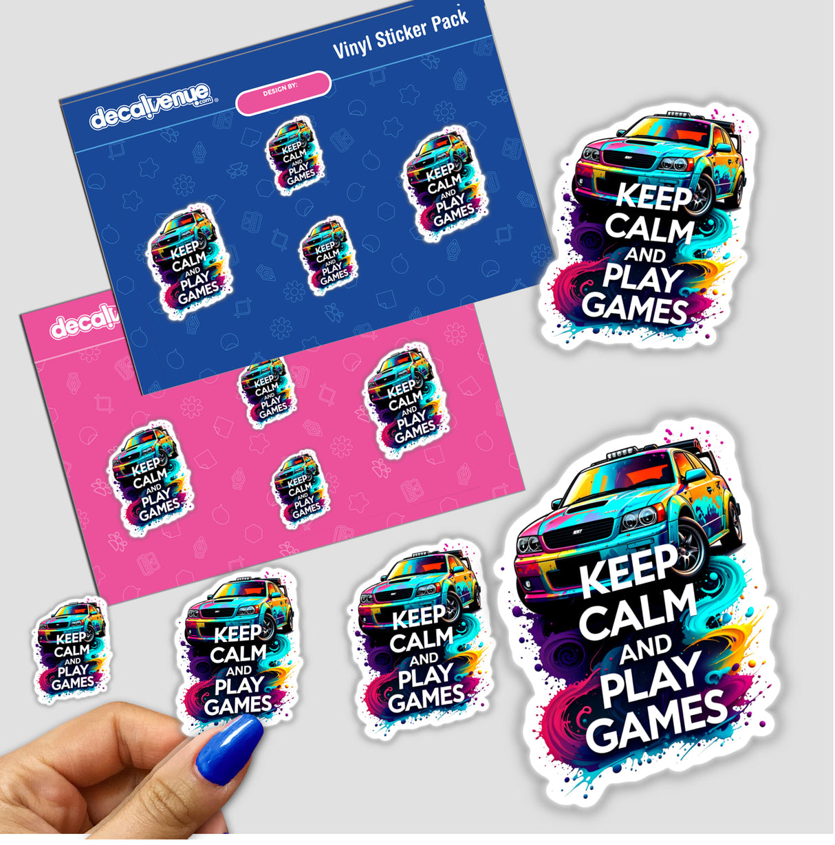 Keep Calm And Play Games Gaming Quote sticker with a vibrant design, featuring a hand holding the sticker among a collection of similar gaming-themed stickers.