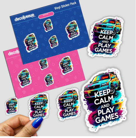 Keep Calm And Play Games Gaming Quote sticker with a vibrant design, featuring a hand holding the sticker among a collection of similar gaming-themed stickers.