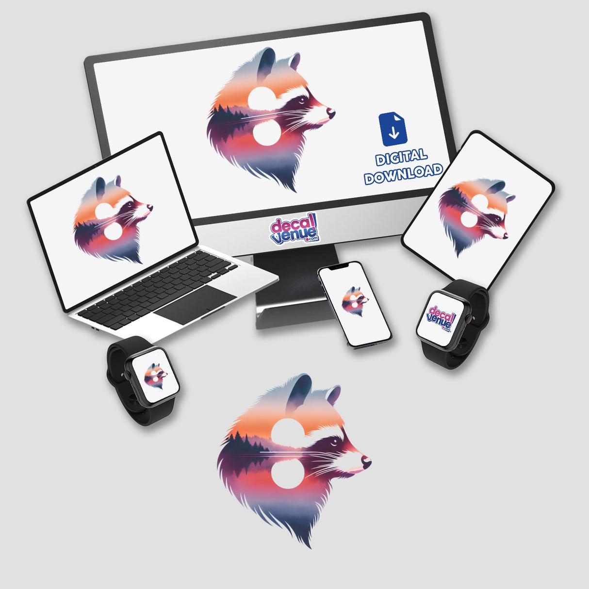 Raccoon Face Sunset digital artwork displayed on a computer monitor, laptop, and smartwatches. Available as stickers or digital art from Decal Venue.