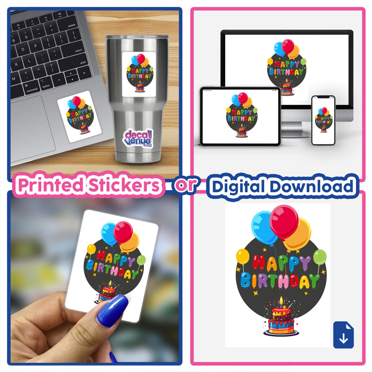 Happy Birthday with Balloons collage featuring laptops, a silver cup, and a colorful cake, available as stickers or digital artwork.