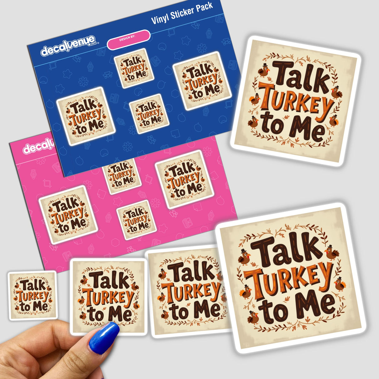 Hand holding Talk Turkey to Me Funny Thanksgiving Sticker or Clipart pack, showcasing options for stickers or digital artwork with commercial rights.