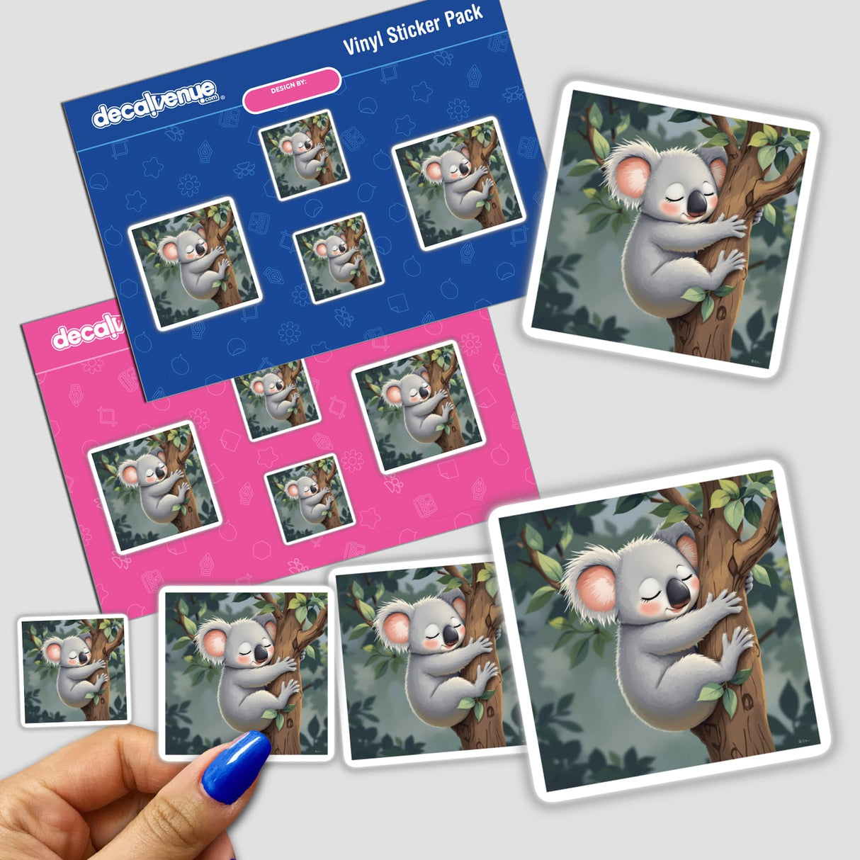 Adorable Sleeping Koala Hugging a Tree sticker, featuring a cartoon koala clinging to a tree, available as a sticker or digital artwork. Perfect for adding charm to any surface.