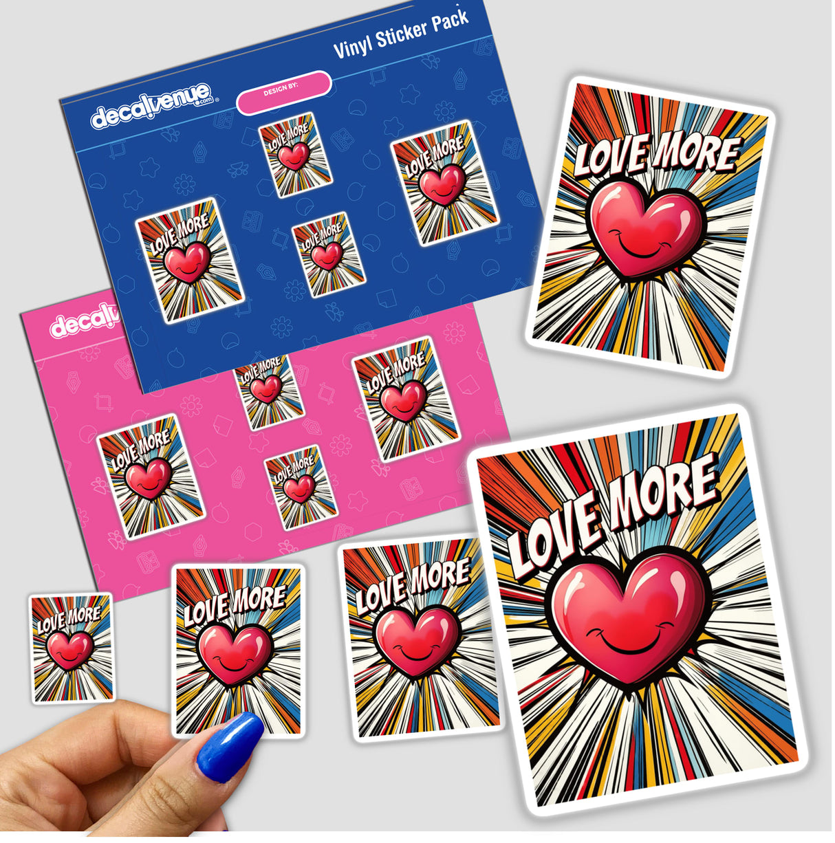 Love More Energetic Pop Art Heart sticker pack held in a hand, featuring multiple smiling hearts, available as stickers or digital artwork from Decal Venue.