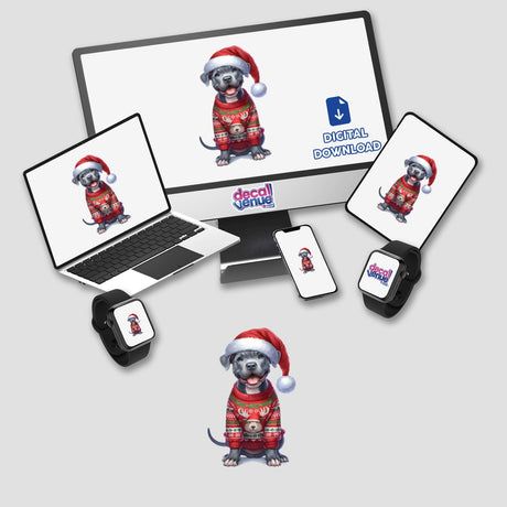 Pitbull Santa Dog in Ugly Christmas Sweater displayed on a computer monitor and laptop; available as stickers or digital artwork, capturing a festive, cartoon-style design.