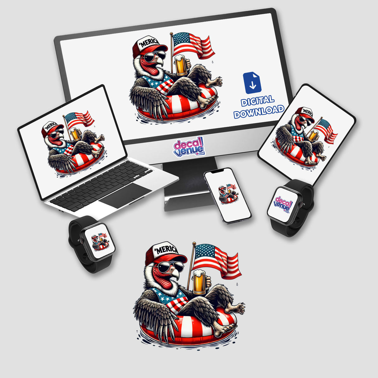 Patriotic California condor digital artwork featuring American flag and Uncle Sam design on various devices and products by Decal Venue.