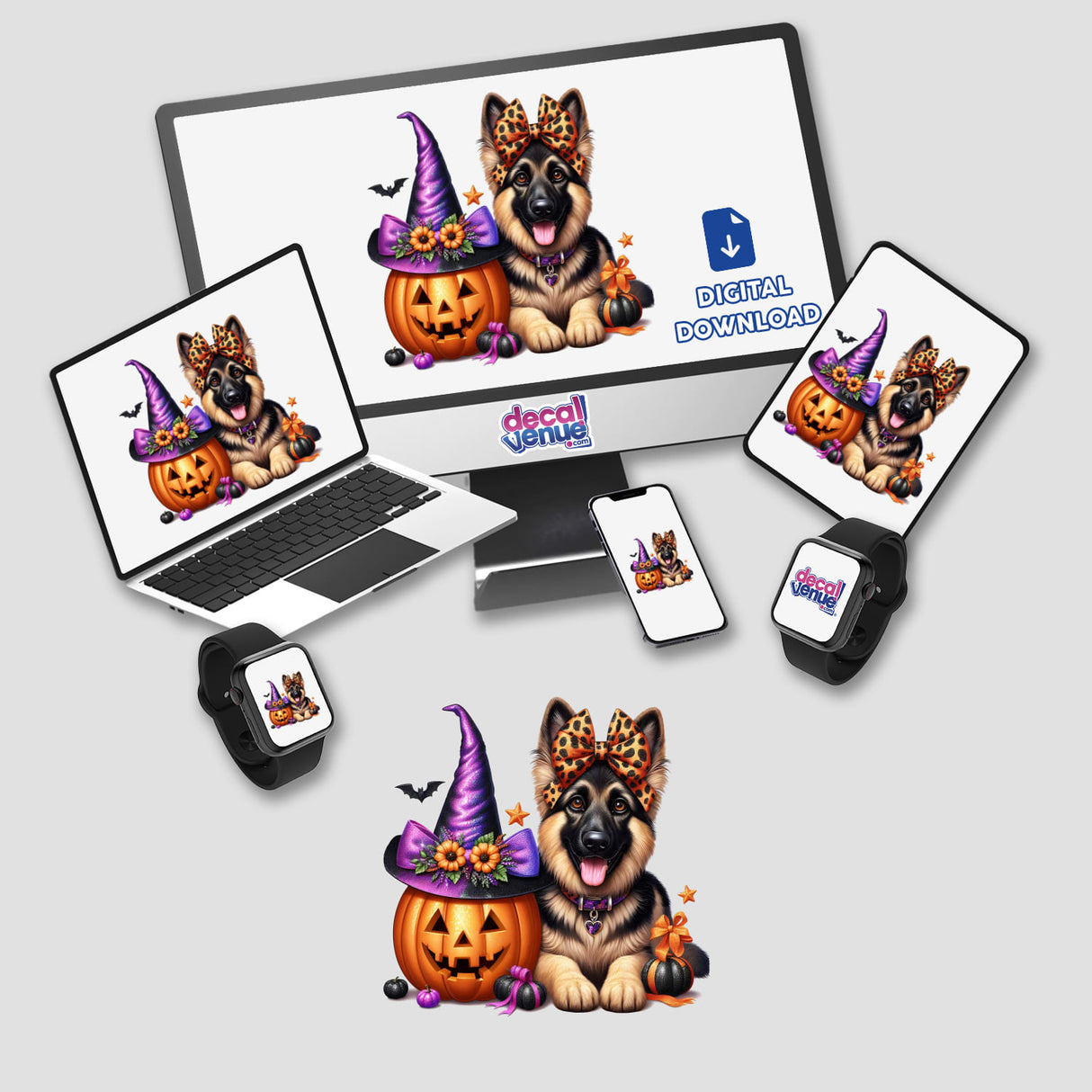 Cute German Shepherd dog in Halloween costume with pumpkin, bats, and witch hat on digital devices