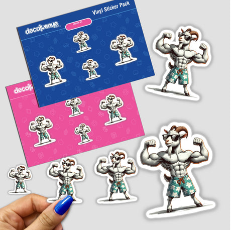 The Muscular Goat sticker features a cartoon goat flexing muscles, available as a vinyl decal or digital artwork, embodying Decal Venue's unique style.