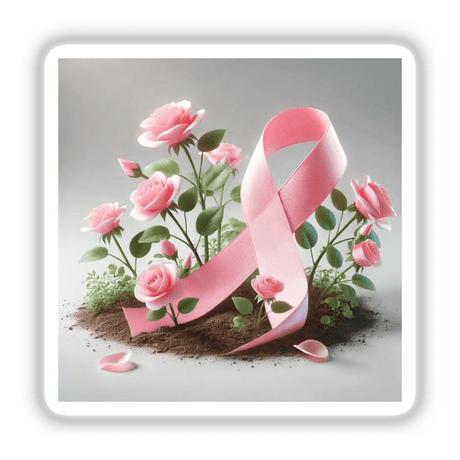 Hope Blooms - Pink Roses Growing from a Ribbon: A pink ribbon intertwined with blooming roses, available as stickers or digital artwork.