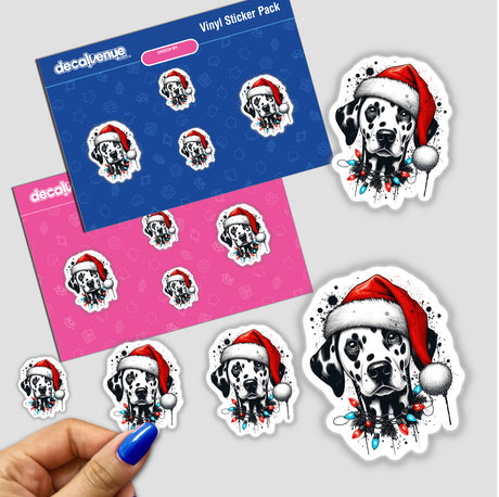 Tangled Lights Dalmatian Dog Santa stickers featuring a cartoon Dalmatian wearing a Santa hat, tangled in Christmas lights. Available as stickers or digital artwork.