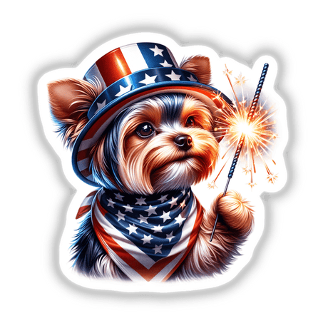 Yorkie Dog Holding Sparkler 4th of July Patriotic