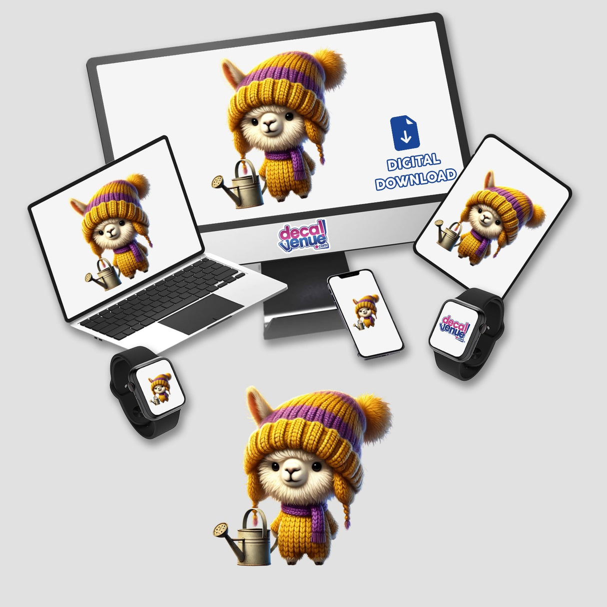 Adorable alpaca gnome holding a watering can in various digital product mockups, including a laptop, phone, and smartwatch. The gnome displays a cozy knit hat and scarf, surrounded by the Decal Venue branding, indicating this is a digital sticker or art available for download.