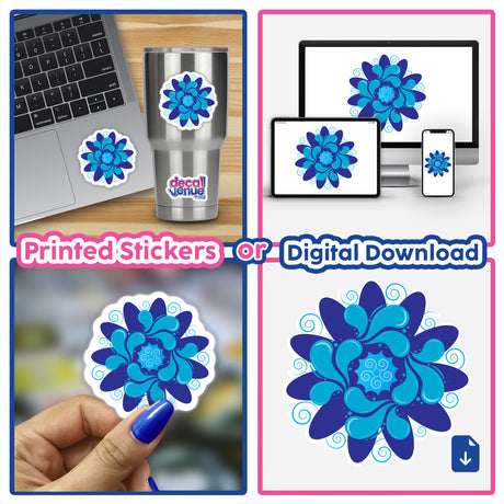 Vibrant digital flower art displayed on various surfaces, including a laptop, mobile devices, and a sticker. The blue and purple flowers with swirling designs are the focal point of the image, showcasing the versatility of this CreativeCat digital artwork from the Decal Venue store.