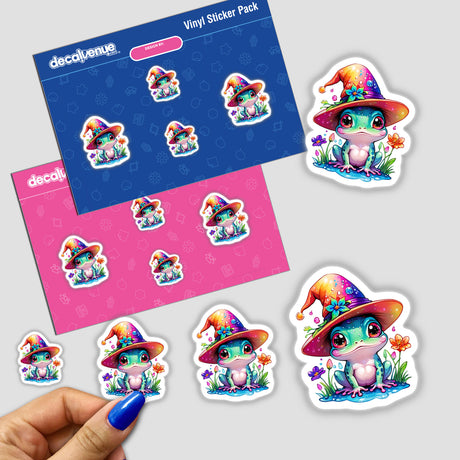 Wizard Frog sticker pack featuring cartoon frogs with hats. Close-up of one finger holding a sticker. Available as individual stickers or digital artwork.