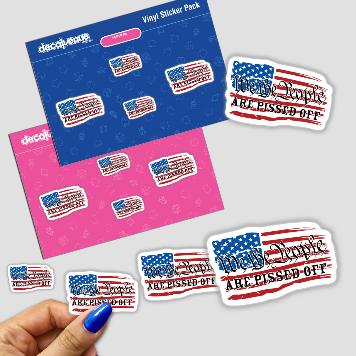 Patriotic vinyl stickers with American flag and "We the people are pissed off" text, presented as a product pack from the Decal Venue shop, a store that offers unique stickers and digital art created by talented designers.