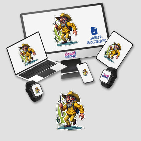 Papo de Pescador digital artwork and stickers featuring a cartoon man holding a fishing pole displayed on various devices, including a laptop and computer monitor.