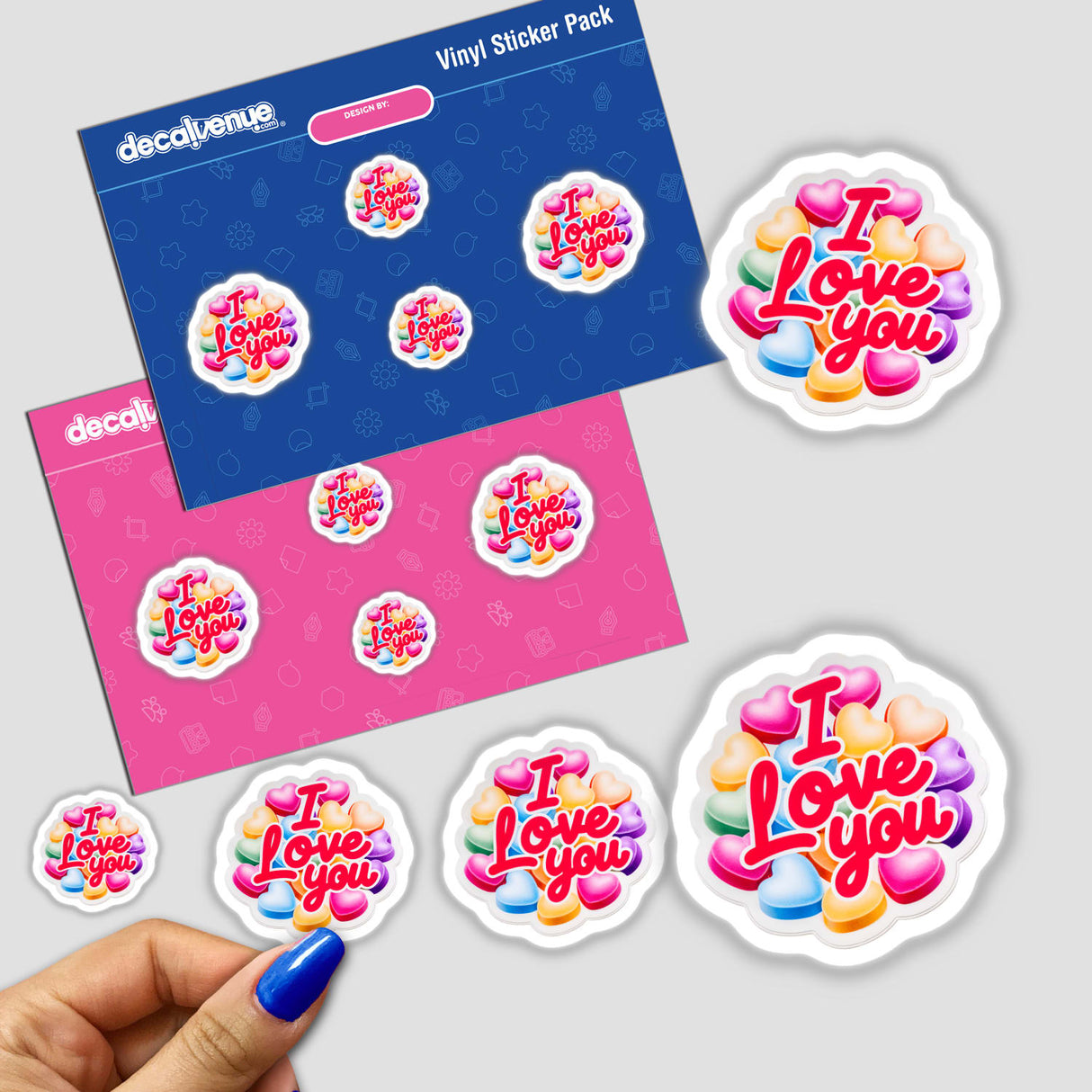 I Love You Valentine's Day Candy Hearts sticker held by a hand, depicting cartoon-style heart-shaped candy, available as stickers or digital artwork from Decal Venue.