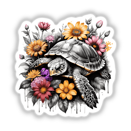 Vibrant turtle portrait with floral accents