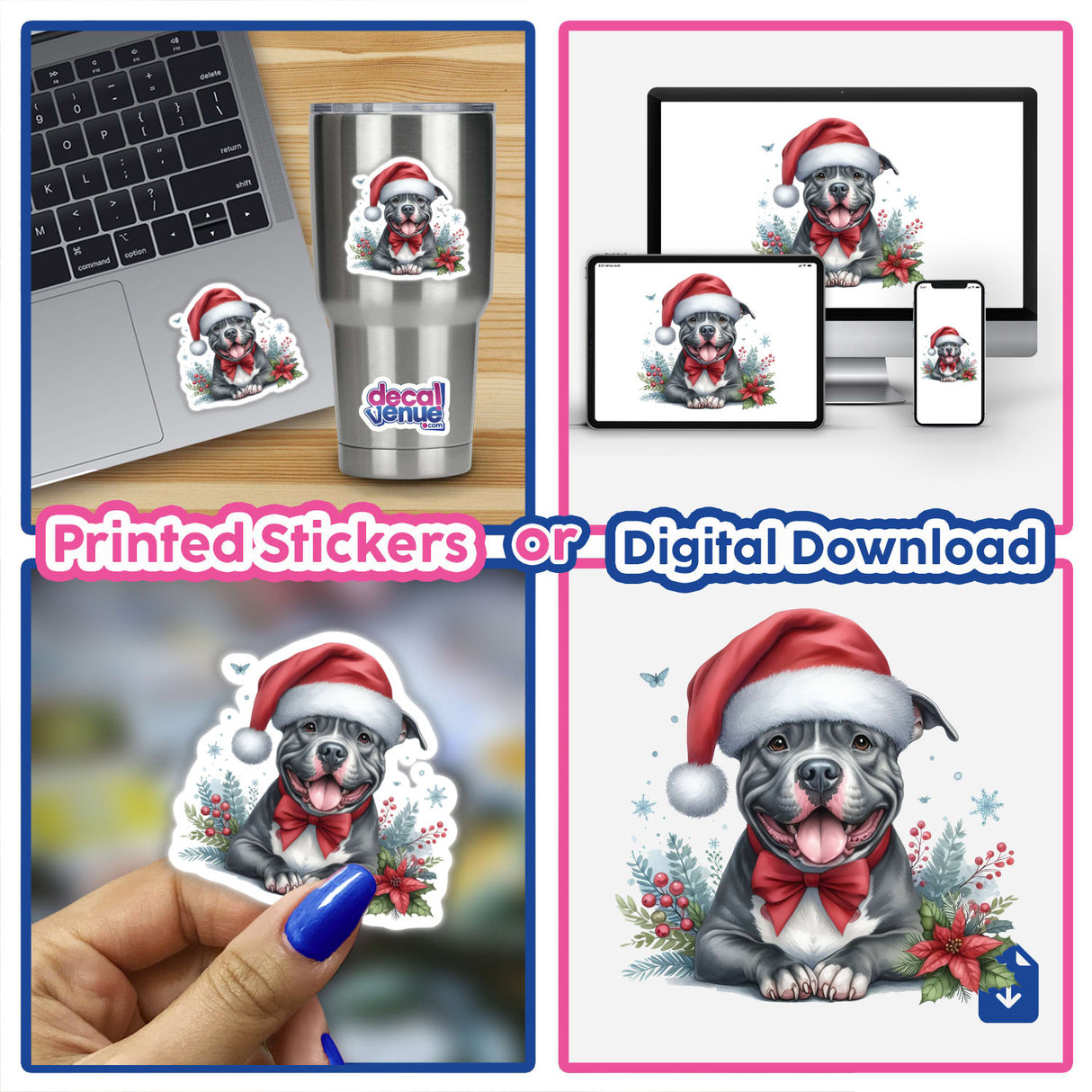 Collage featuring the Happy Christmas Pitbull Santa design, showcasing a dog in a Santa hat and bow tie, available as stickers or digital artwork, ideal for laptops.