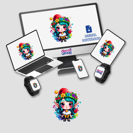 Festive Elf: Kawaii Santa Hat Elf Sticker displayed on a computer monitor and laptop with cartoon characters on the screens.