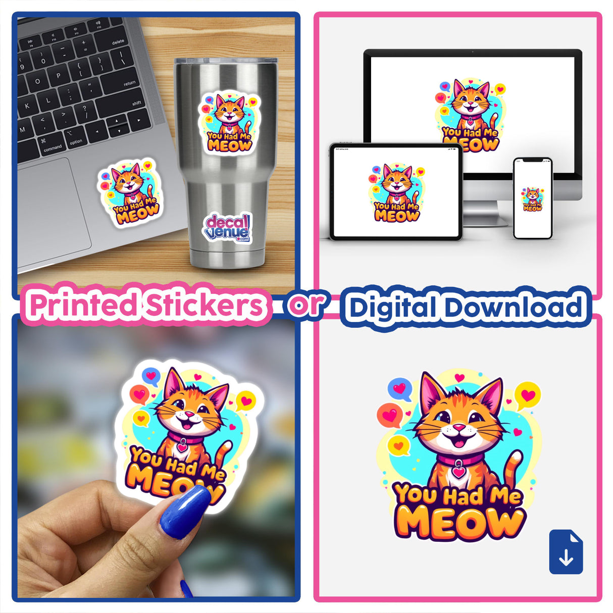 Collage of a laptop adorned with a Valentine Cat sticker, featuring a cartoon cat with hearts, available as stickers or digital artwork from Decal Venue.