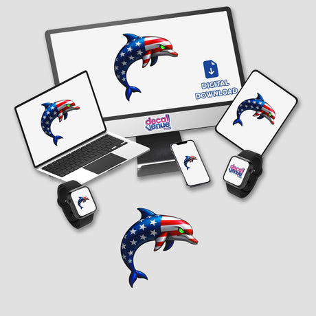 A Cool American Flag Dolphin displayed on a computer monitor and laptop, available as stickers or digital artwork from Decal Venue, featuring a cartoon dolphin with flag patterns.