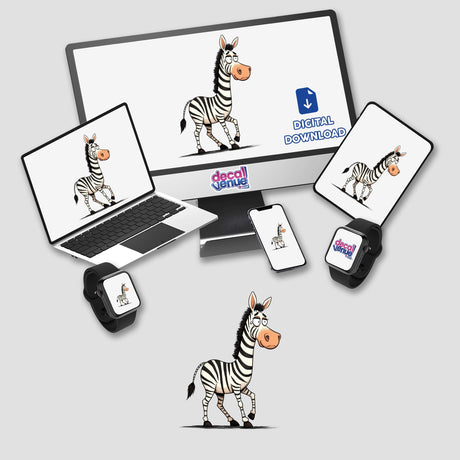 Funny Cartoon Zebra with Big Eyes on computer monitor and laptop screens, showcasing the digital artwork available as stickers or digital downloads.