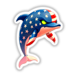 A Cool American Flag Dolphin sticker features a cartoon dolphin adorned with an American flag motif, incorporating stars and stripes. Perfect for sticker collectors or digital art enthusiasts.