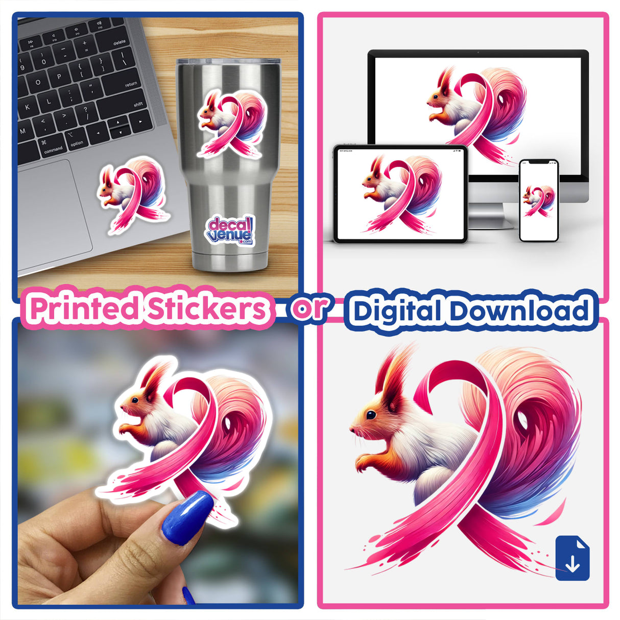 Squirrel Pink Ribbon Breast Cancer sticker collage featuring a squirrel with a pink ribbon, a laptop adorned with the sticker, and a hand holding the sticker. Available as Stickers or Digital Artwork.