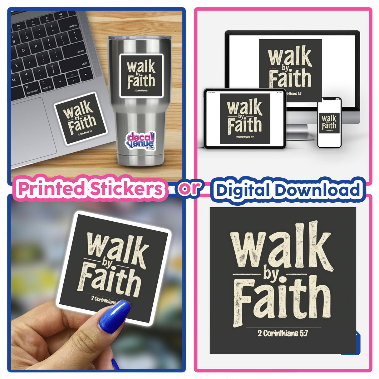 Walk By Faith – Inspired by 2 Corinthians 5:7 sticker on a laptop, showcasing uplifting Christian affirmation. Available as stickers or clipart with commercial rights.