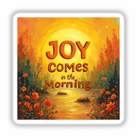 Joy Comes in the Morning Christian Sticker or Clipart, featuring a painting of flowers and a river, available as stickers or digital artwork for commercial use from Decal Venue.