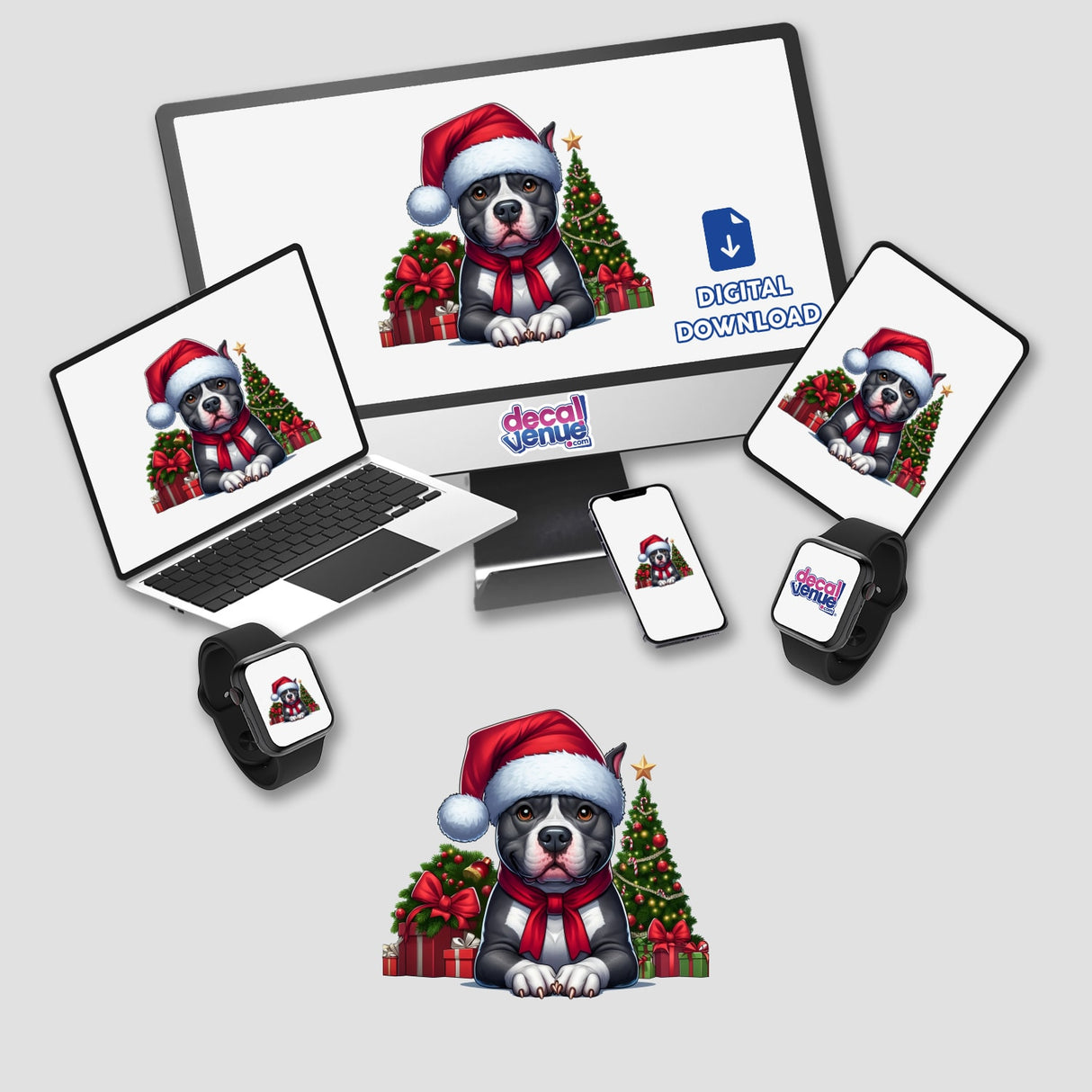 Christmas Scene Santa Pitbull Dog II depicted on a computer monitor and laptop, featuring a dog wearing a Santa hat and scarf, available as stickers or digital artwork.