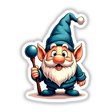 Funny Magical Gnome cartoon, holding a staff, available as stickers or digital artwork, perfect for fans of whimsical vinyl decals from Decal Venue.