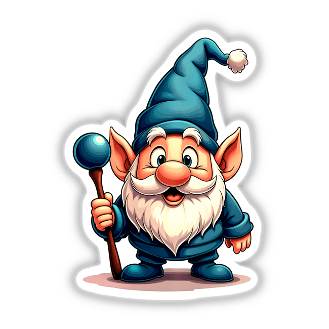 Funny Magical Gnome cartoon, holding a staff, available as stickers or digital artwork, perfect for fans of whimsical vinyl decals from Decal Venue.