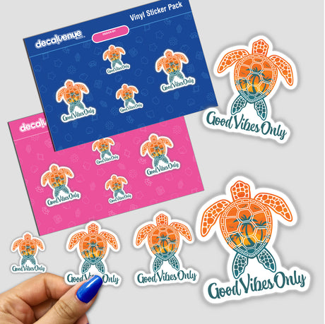 Good Vibes Only Tropical Sunset Sea Turtle Design stickers featuring cartoon turtles, available as unique stickers or digital artwork from Decal Venue.